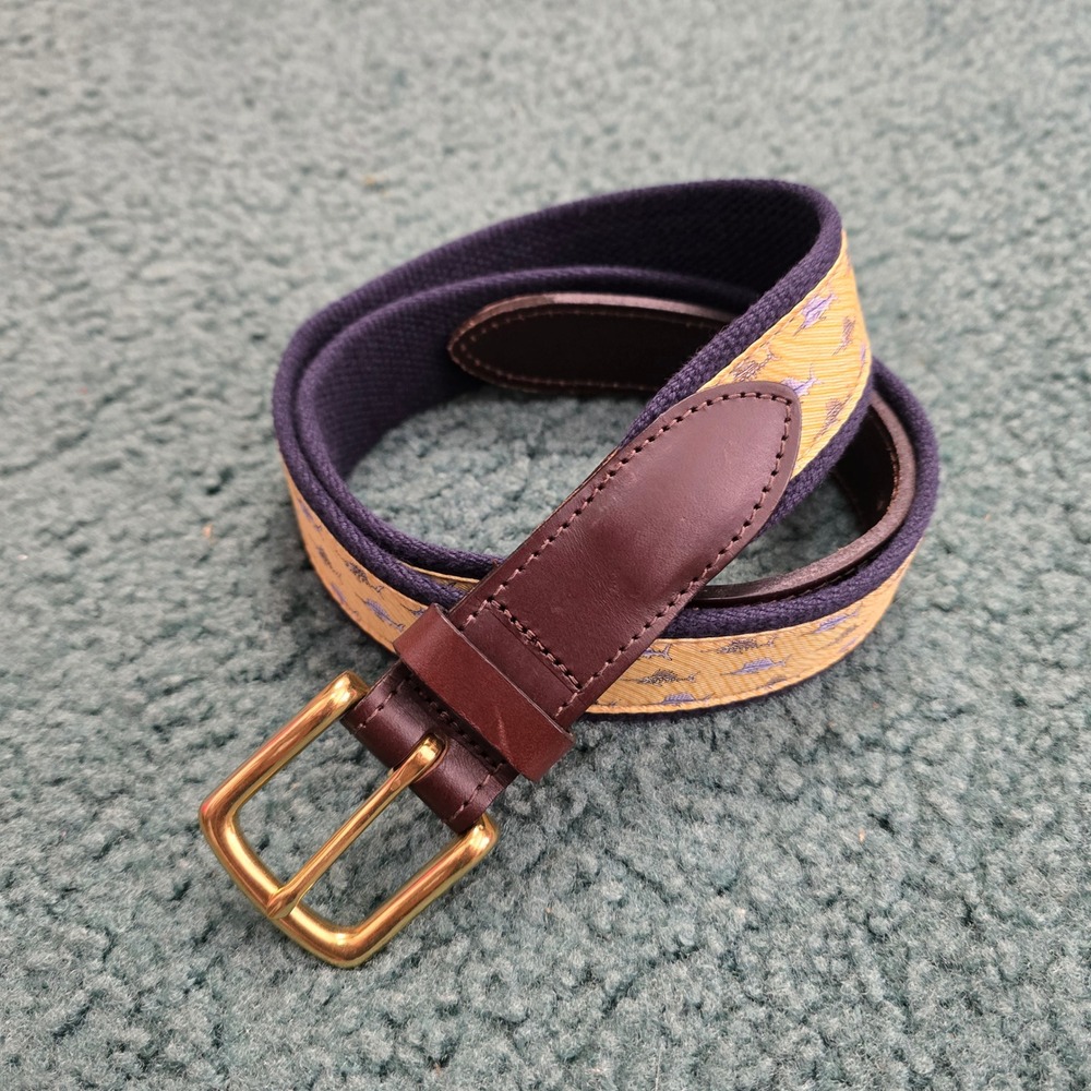 Vineyard Vines Mens 36 Marlin Fish Bone Ribbon Canvas Belt Navy Yellow USA Made
